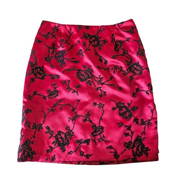 Christina Perrin Dresses & Skirts - Rare Vintage 90s Christina Perrin Red Satin Beaded Floral Knee Length Skirt Sz 6